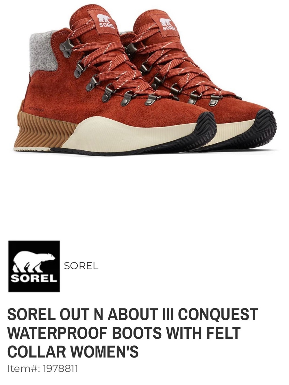 Sorel Rust Suede Waterproof Hiker Boots with Felt Collar Size 8 - New with tags